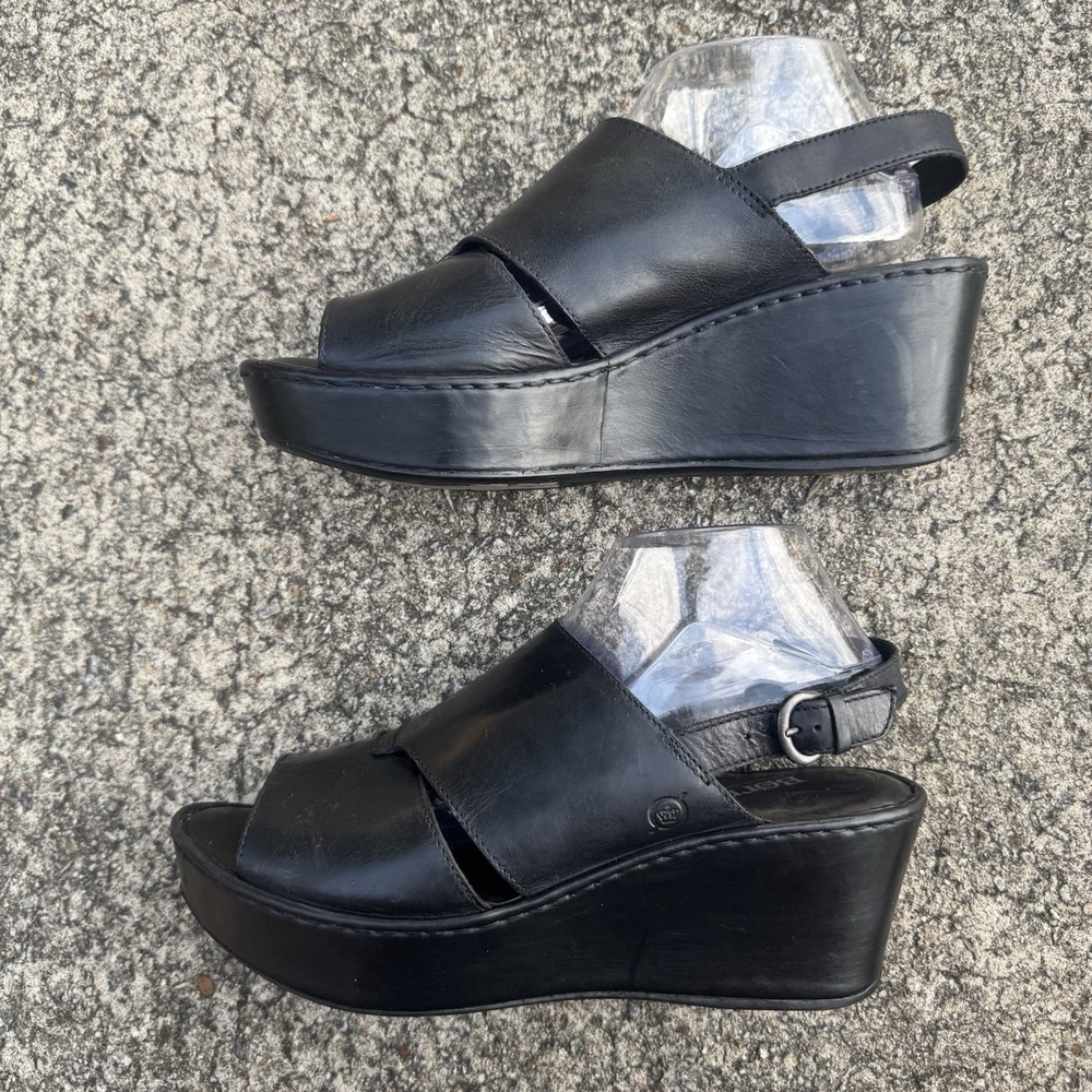 BORN Emmy Platform 4" Wedge‎ Cross Strap Women's Sz 11 M Black Leather Sandals - Picture 6 of 12